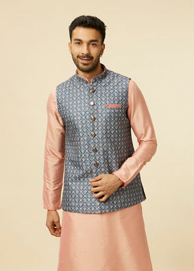 alt message - Manyavar Men Teal Blue Jaal Patterned Chikankari Embroidered Jacket image number 0